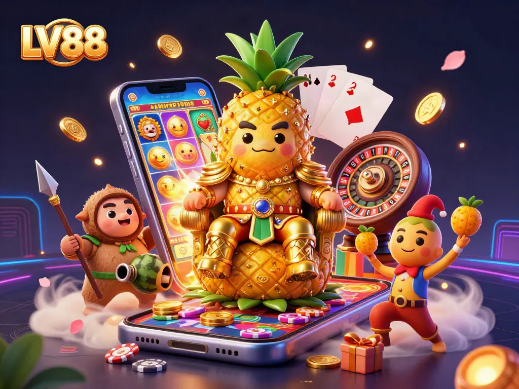Experience fun gameplay at LV88 with a vibrant casino scene featuring a pineapple king and gaming elements.