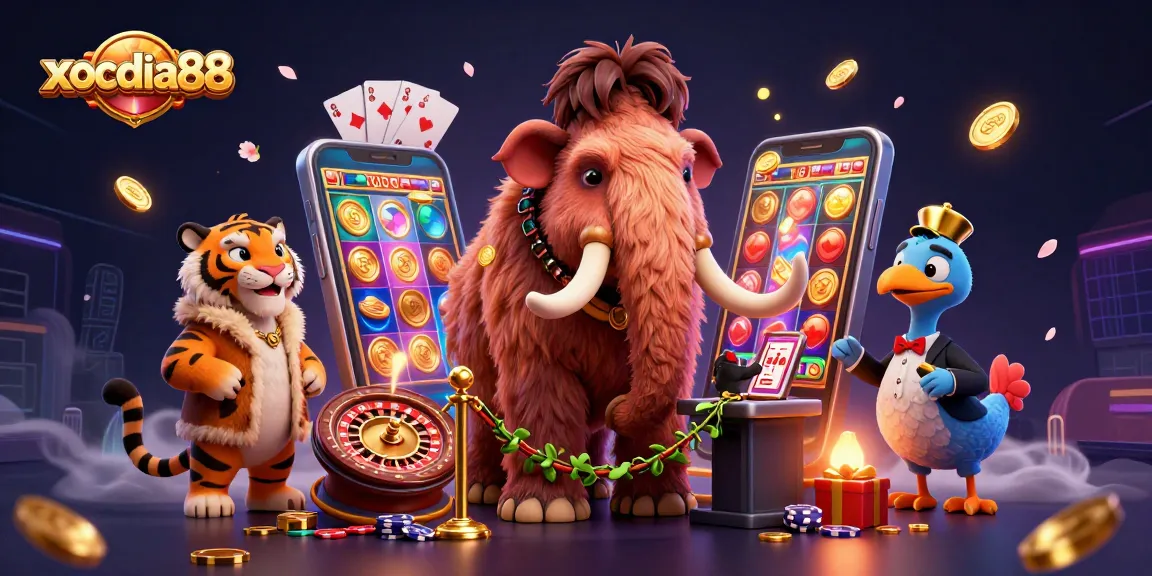 Xocdia88 features a vibrant 3D casino scene with characters enjoying thrilling games and promotions.