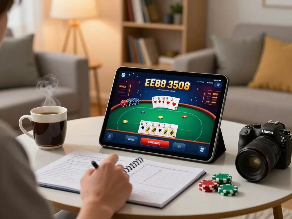 Player using the EE88 casino app on a tablet in a cozy home setting, focusing on poker strategy.