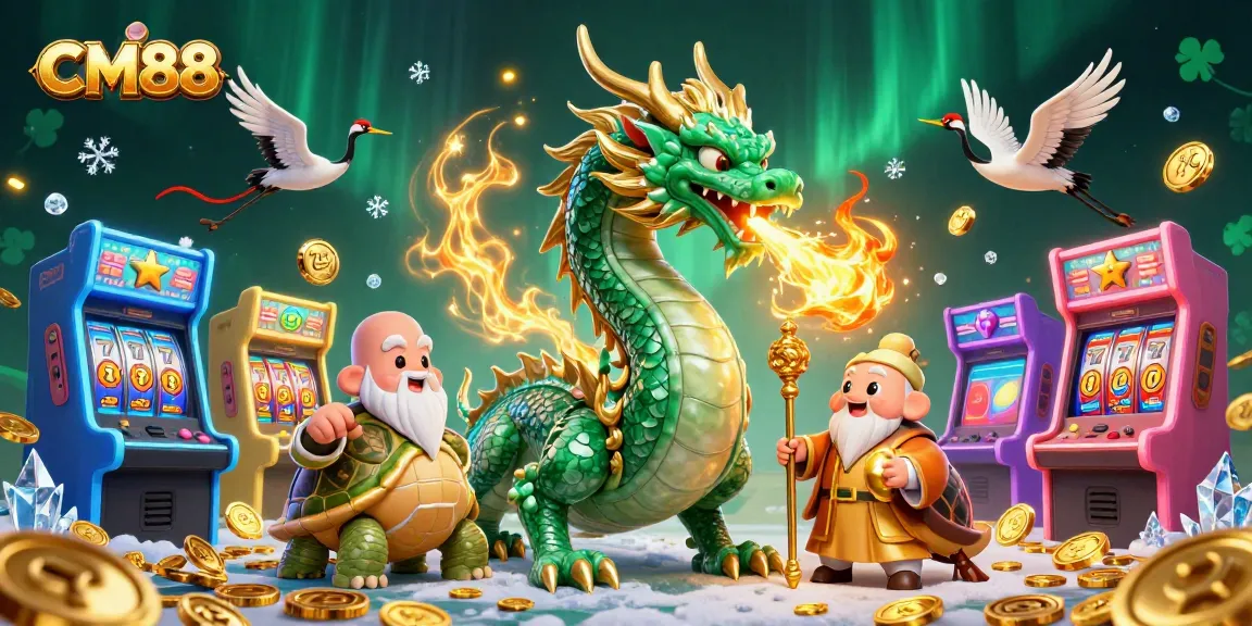 CM88 players winning big with iconic jade dragon and lucky cranes in a vibrant casino scene