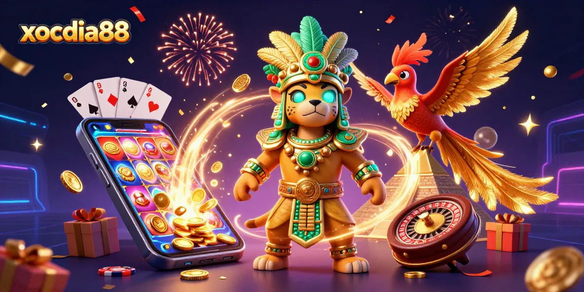 Xocdia88 players enjoying thrilling spins and rewards in a vibrant slot game illustration.