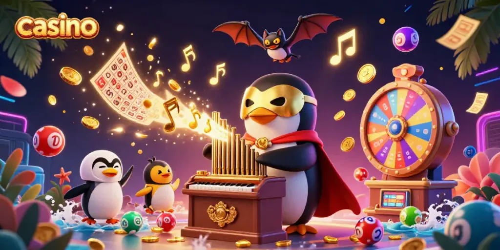 Engaging casino scene with a penguin and bat acrobat celebrating wins with dynamic elements.