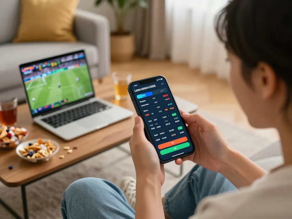 Engaging sports betting scene with a user analyzing odds on a smartphone for 7mcn's latest matches