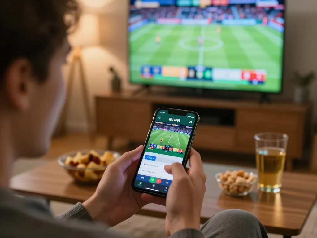 Person engaging with the KU3933 sports betting app on smartphone during an exciting game.