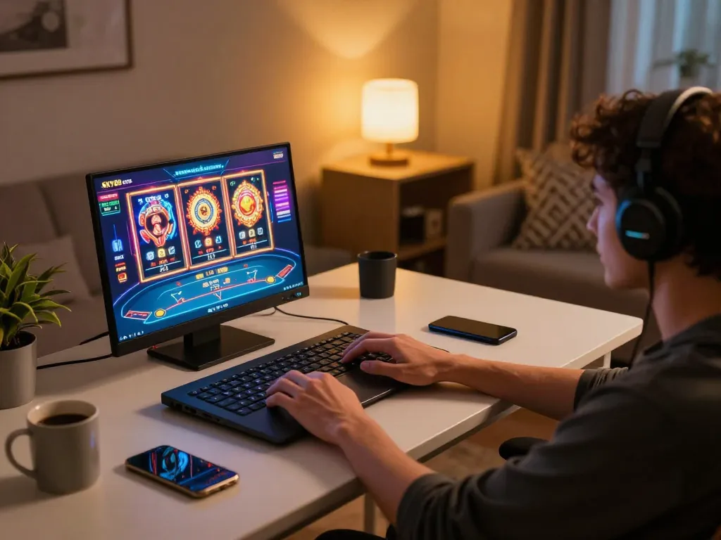 Engaging gameplay at home on SKY88 com, player interacting with vibrant online casino games