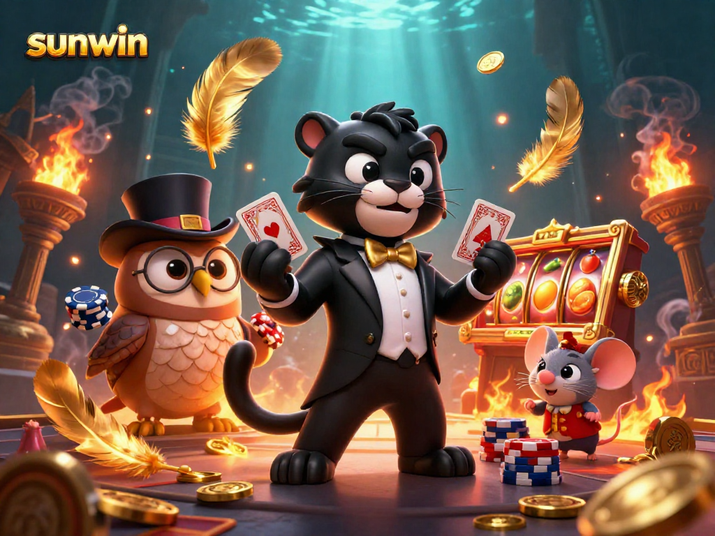 Engage in thrilling gameplay at sunwin with a dynamic scene of casino excitement featuring cards, chips, and vibrant casino elements.