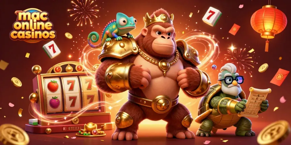 Illustration showcasing mac online casinos with themed characters, jackpot elements, and festive atmosphere.