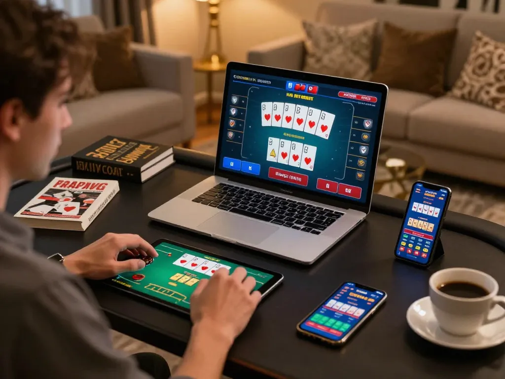 Engaging online poker gameplay at vua99 with screens showing cards and betting options in a stylish setup.