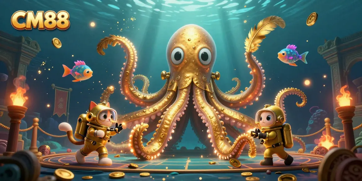 Engage in exhilarating gameplay with CM88's colossal kraken and diving cat in a vibrant underwater scene.