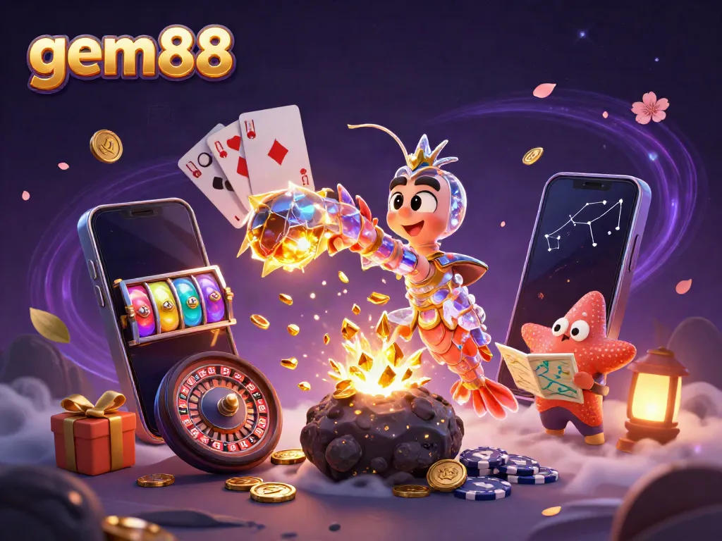 Experience the thrill of gem88 with a galactic samurai mantis shrimp and dazzling casino elements.