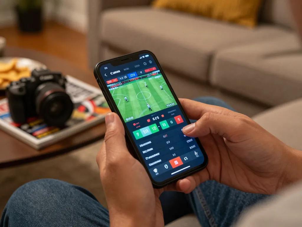 jaeyongkim placing sports bets using smartphone in cozy, engaging home environment