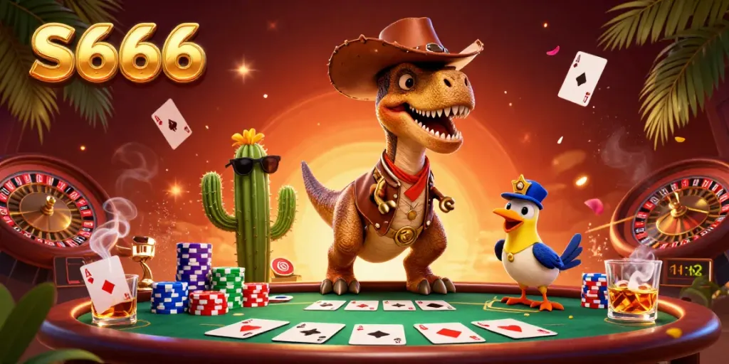S666 casino scene featuring a T-Rex dealer at a vibrant poker table alongside colorful chips and a live gaming atmosphere.