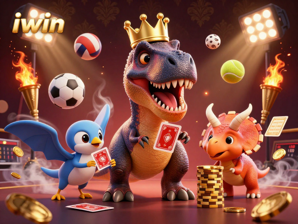 Engage in thrilling gaming adventures with iwin featuring a T-Rex and triceratops at a casino.