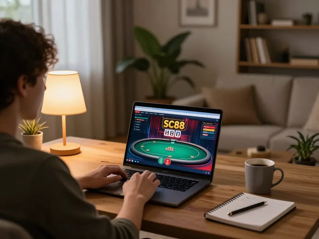 Engaging online gaming session on SC88 platform in cozy home setting