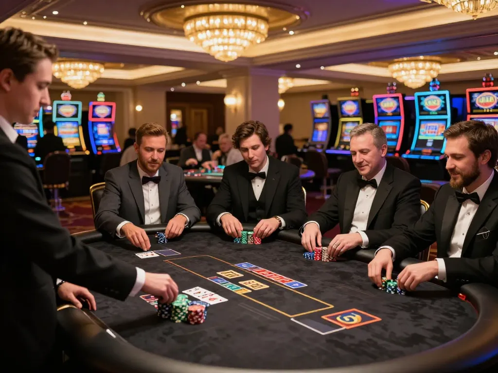 KJC high-stakes poker session in a luxurious VIP gaming area with engaged players and professional dealer managing the table