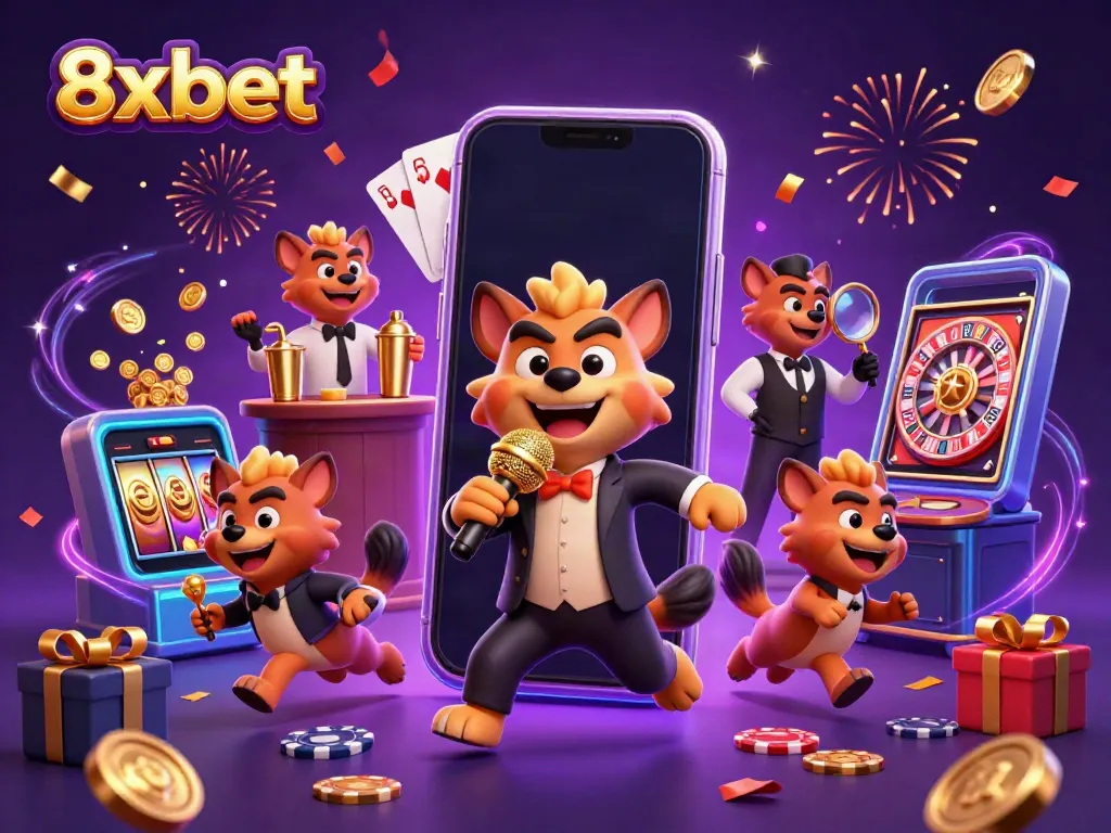 Hyenas present a comedy show at 8xbet casino, showcasing vibrant gaming elements.