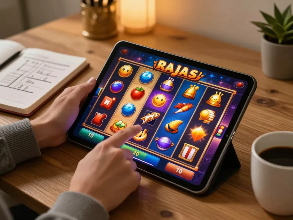 Engaging in raja slot gameplay on a tablet, showcasing colorful symbols and a cozy setting.