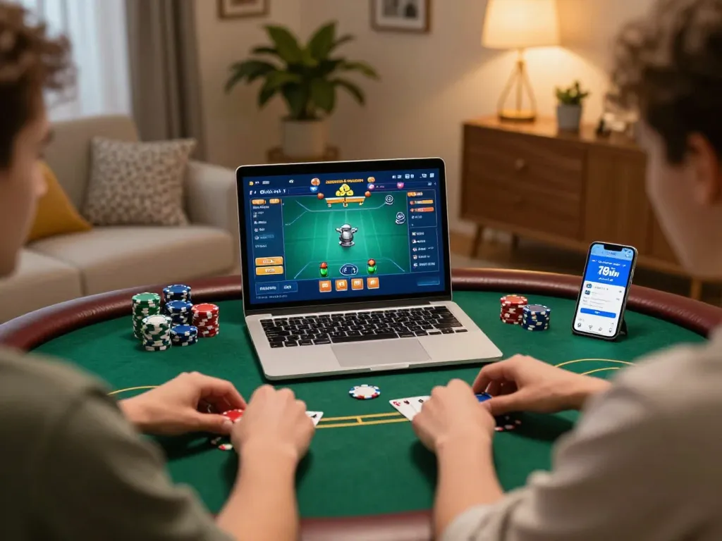 789win player enjoying a strategic poker game at home with laptop and smartphone.