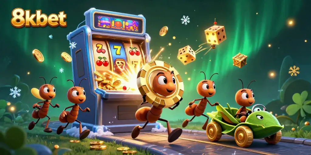 Experience the thrill of 8xbet with ants on a heist, dynamic casino elements, and jackpot excitement.