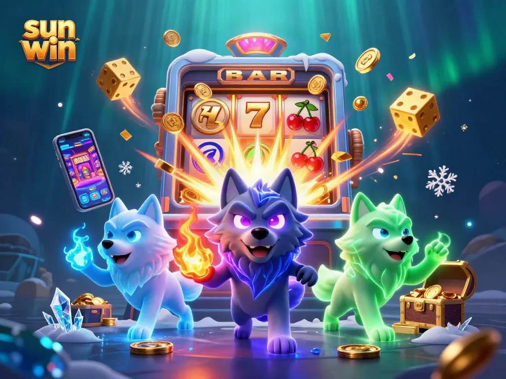 Experience the vibrant world of sun win with dynamic slot machines, characters, and casino elements.