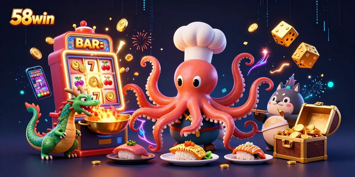 Engage in thrilling gameplay with 58win, featuring a vibrant casino scene with cheerful characters and explosive jackpots.