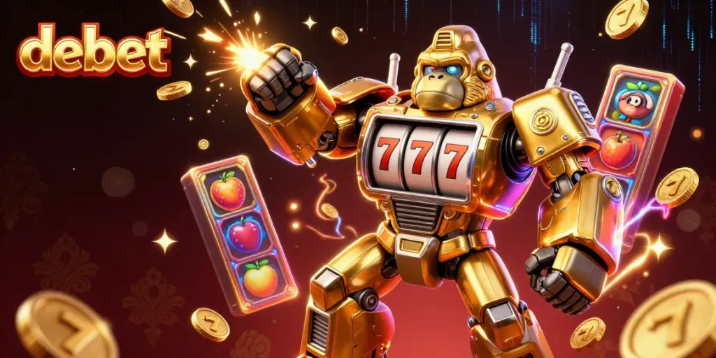 Engage in thrilling slots with debet's dynamic 3D illustration featuring a golden gorilla mech and jackpot elements.