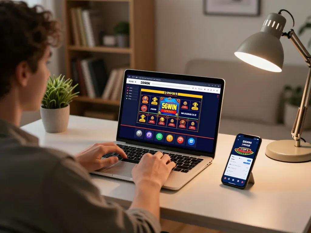Experience exciting gaming with 56WIN app in a cozy home office setup.