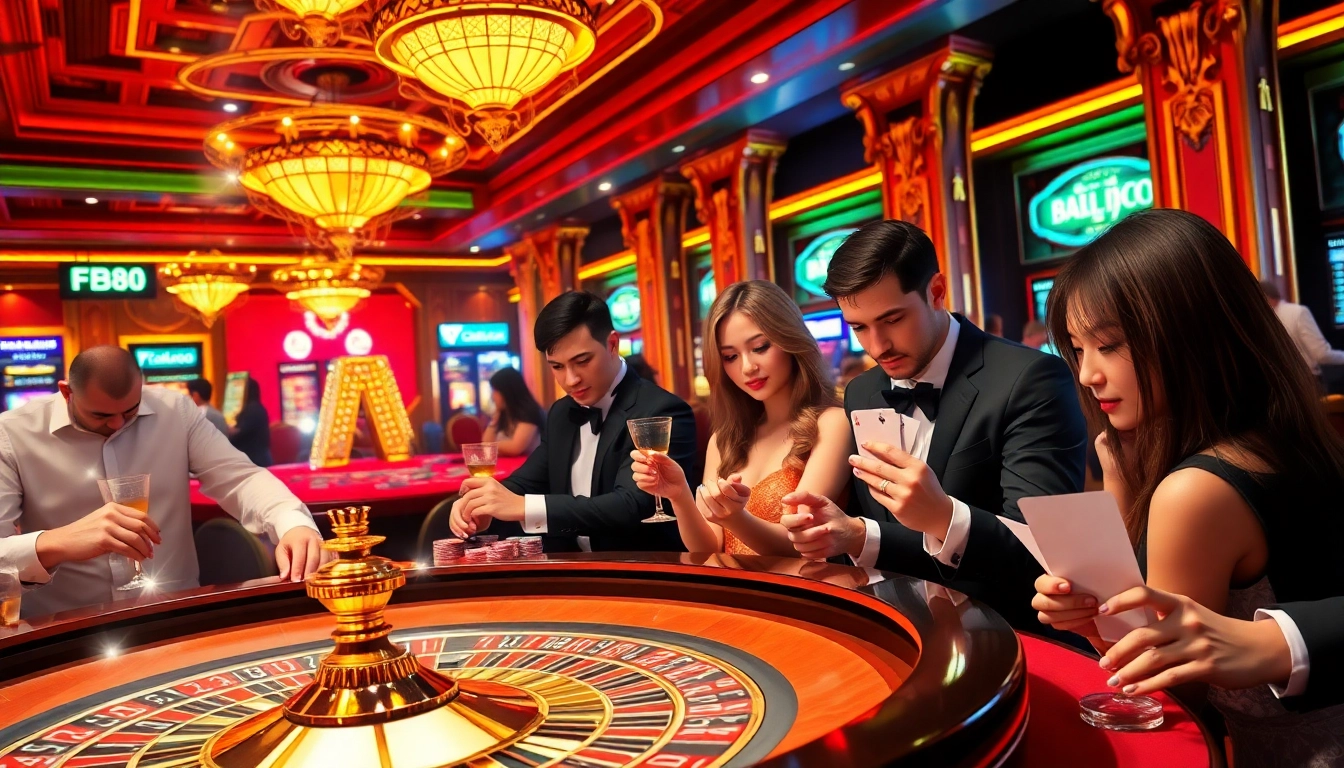 Casino FB88 players enjoying the thrill of a roulette table, showcasing vibrant colors and lively atmosphere.