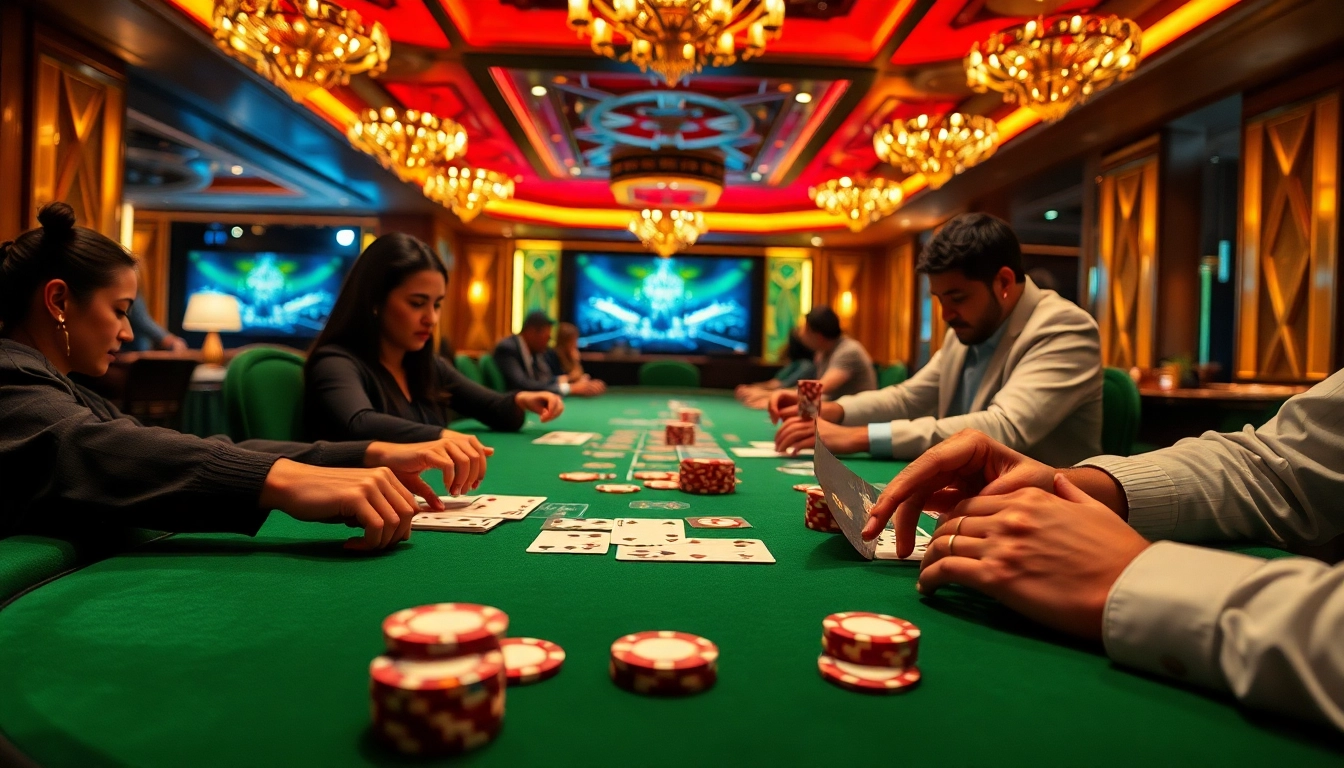 Experience the excitement of game bài đổi thưởng at the casino with vibrant tables and engaged players.