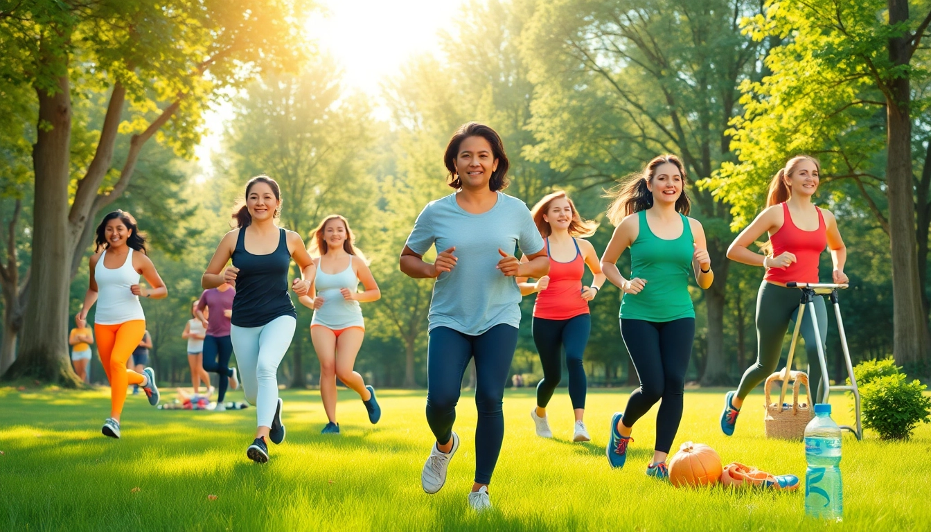 Active individuals embracing weight loss by jogging and preparing healthy meals in a sunny park.
