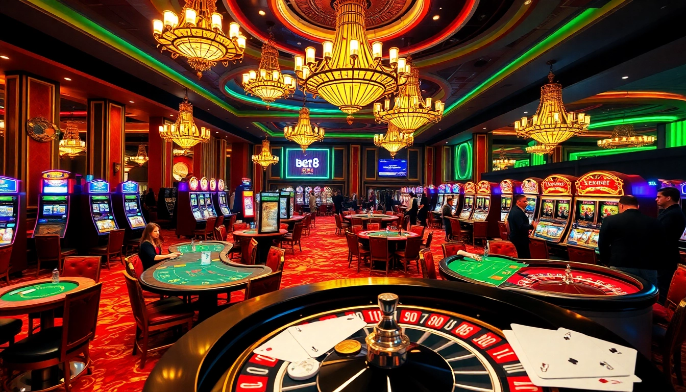 Exciting gameplay at nhà cái BET88 casino with poker and blackjack tables, vibrant slot machines, and lively atmosphere.