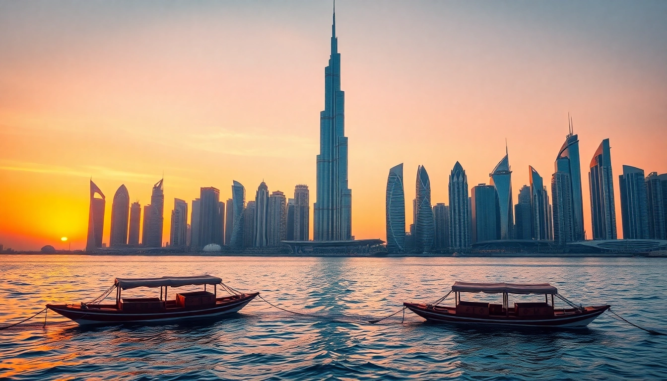 Explore the breathtaking skyline while you travel to Dubai at sunset, featuring the iconic Burj Khalifa and dhow boats.