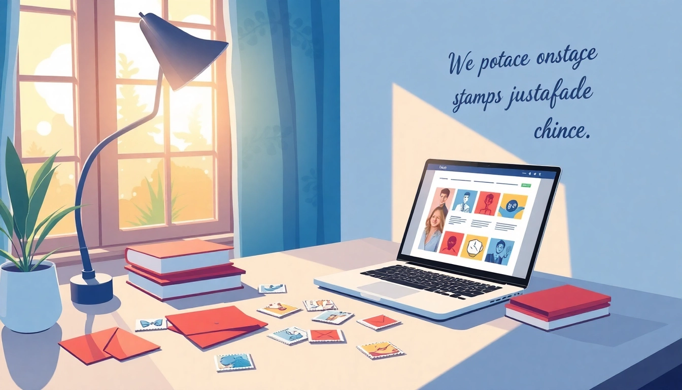 Engage in buying postage stamps online while exploring a cozy home office setup with vibrant stamps and envelopes.