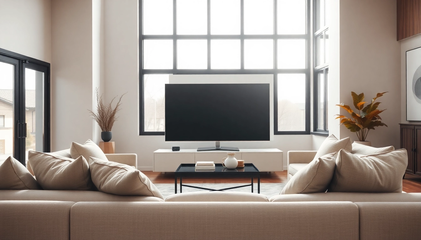 Showcase of an elegant living room with an iron TV as the focal point.