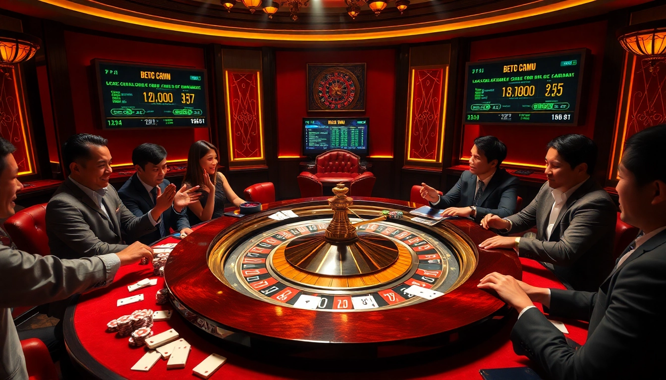 A dynamic casino scene featuring players engaged at a roulette table with vibrant colors and keonhacai betting stats.