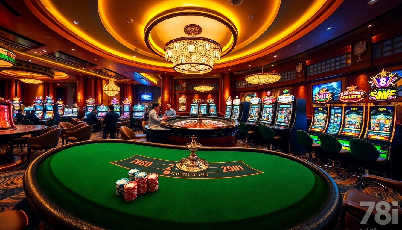 Players enjoying various games at 78win's luxurious casino, showcasing poker chips and roulette.