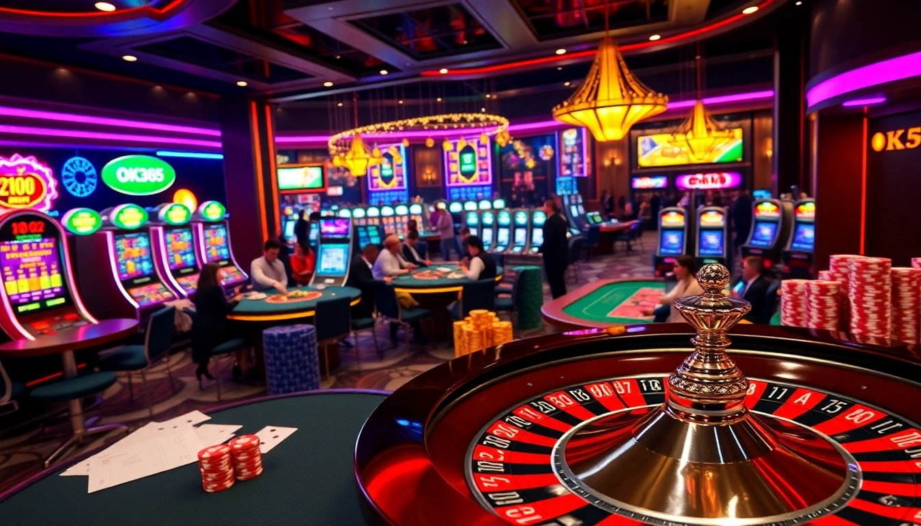 An engaging scene featuring a vibrant casino with players enjoying games and the OK365 link prominently highlighted.
