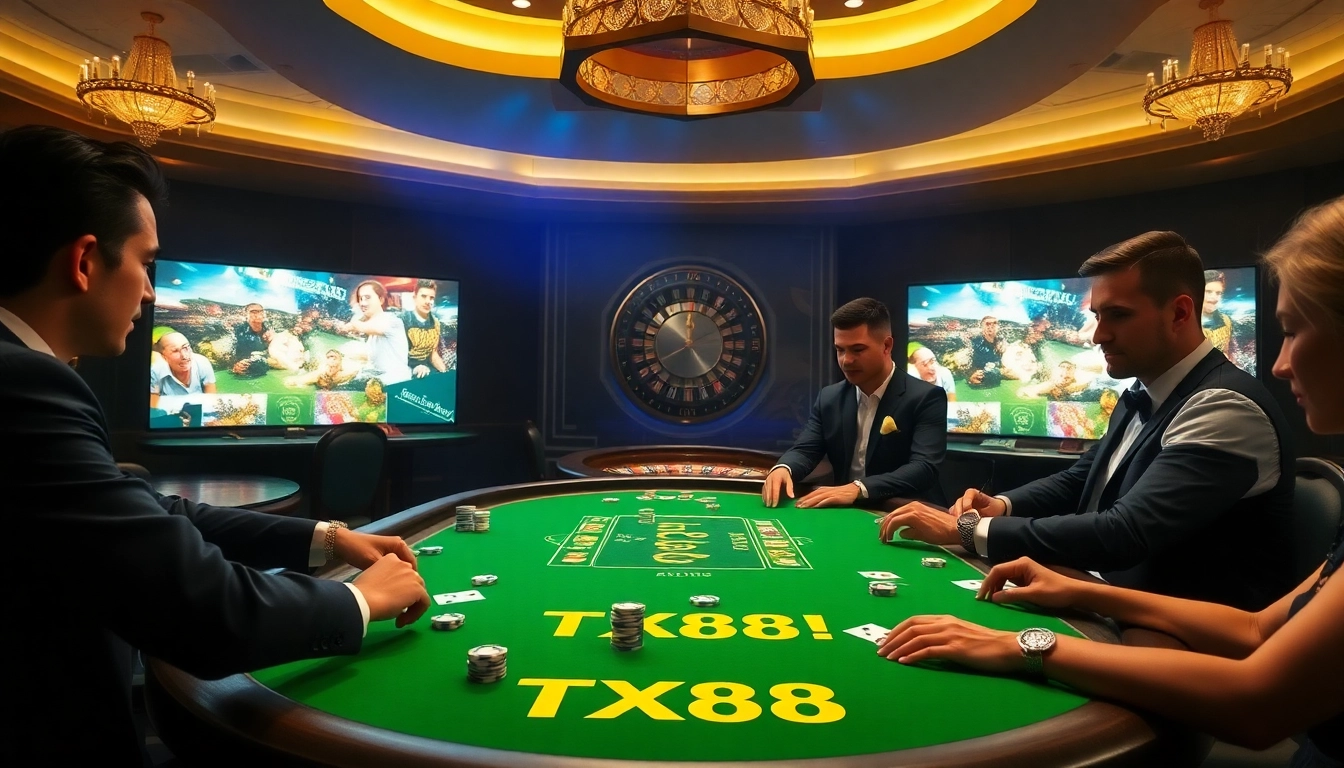 Experience the excitement of tx88 at a luxurious poker table with professional players and vibrant décor.