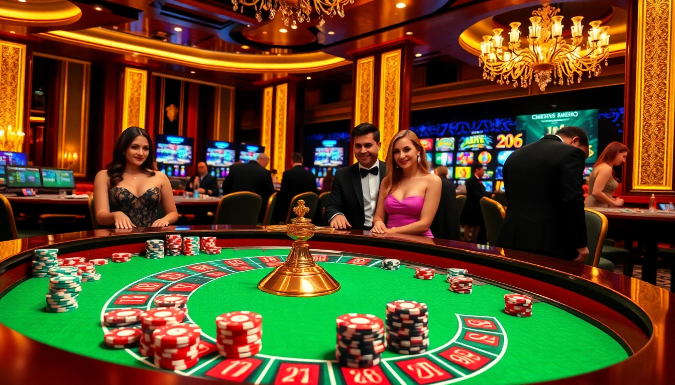 Engaging scene of gamblers strategizing with j88 poker chips at a luxurious casino table.