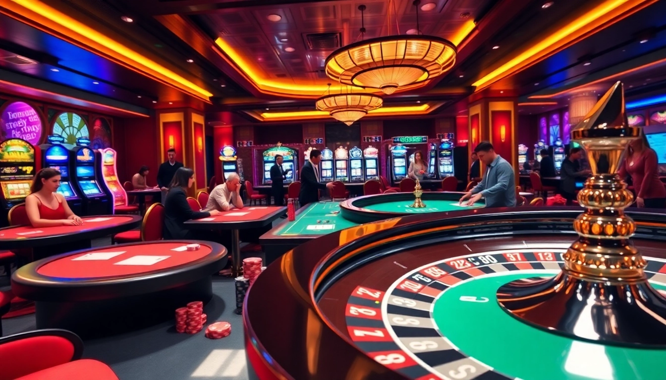 Play exciting games at QQ88 casino featuring vibrant tables and illuminated slot machines.