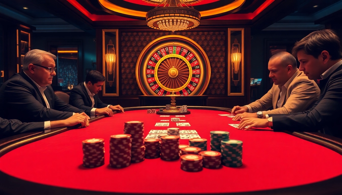 Engaging scene of players at F8bet poker table in a luxurious casino setting.