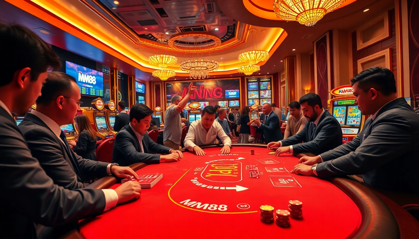 Experience the thrill of MM88 with an engaging casino scene showcasing poker and vibrant slot machines.