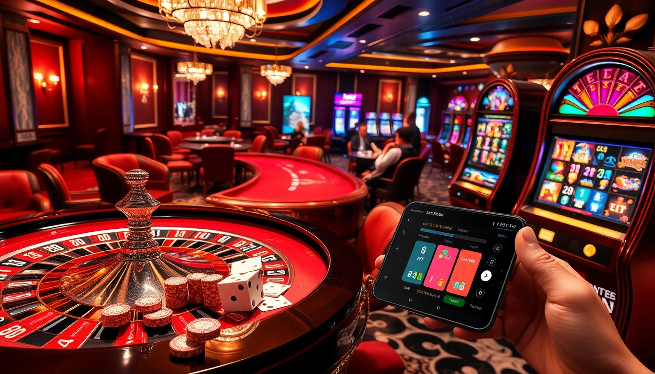 Experience gaming excitement with OKFUN at a lively casino featuring roulette and poker tables.