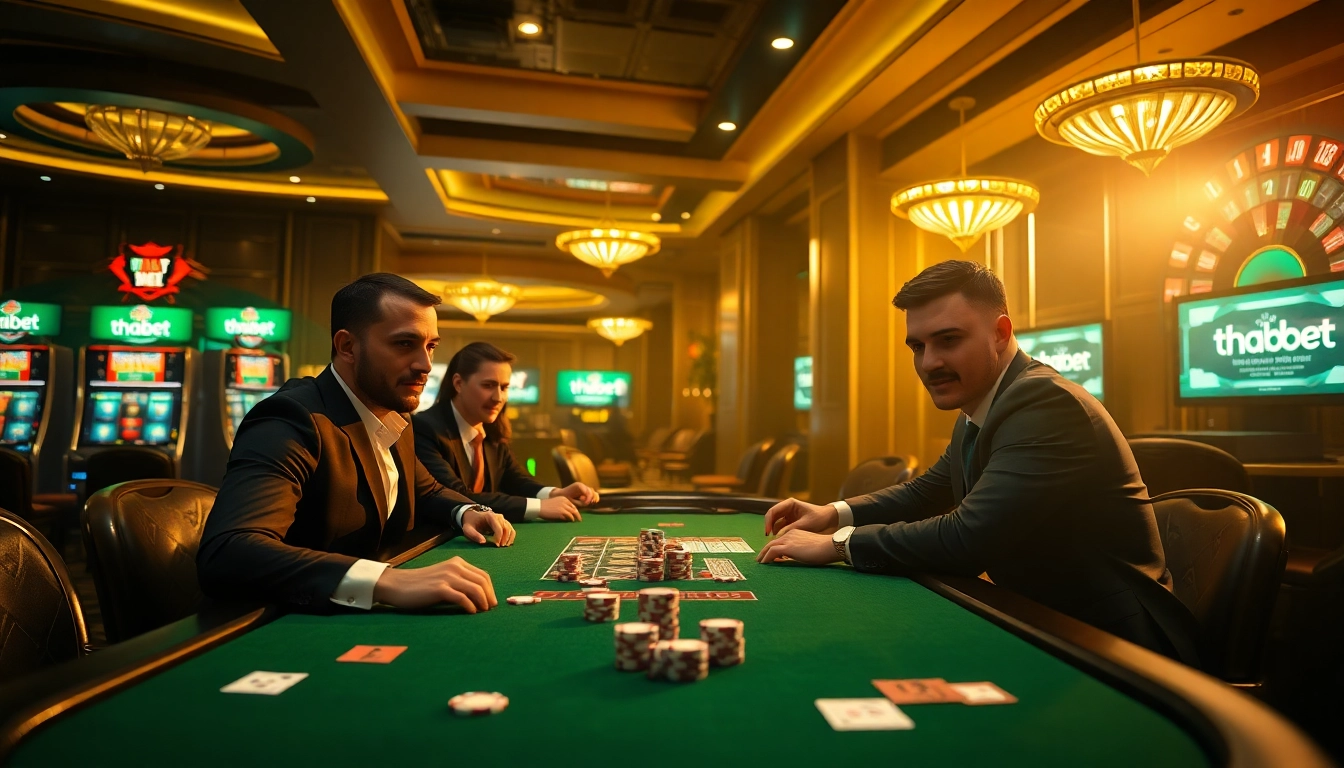 Exciting casino action with poker players and betting chips at thabet1 net gaming table.