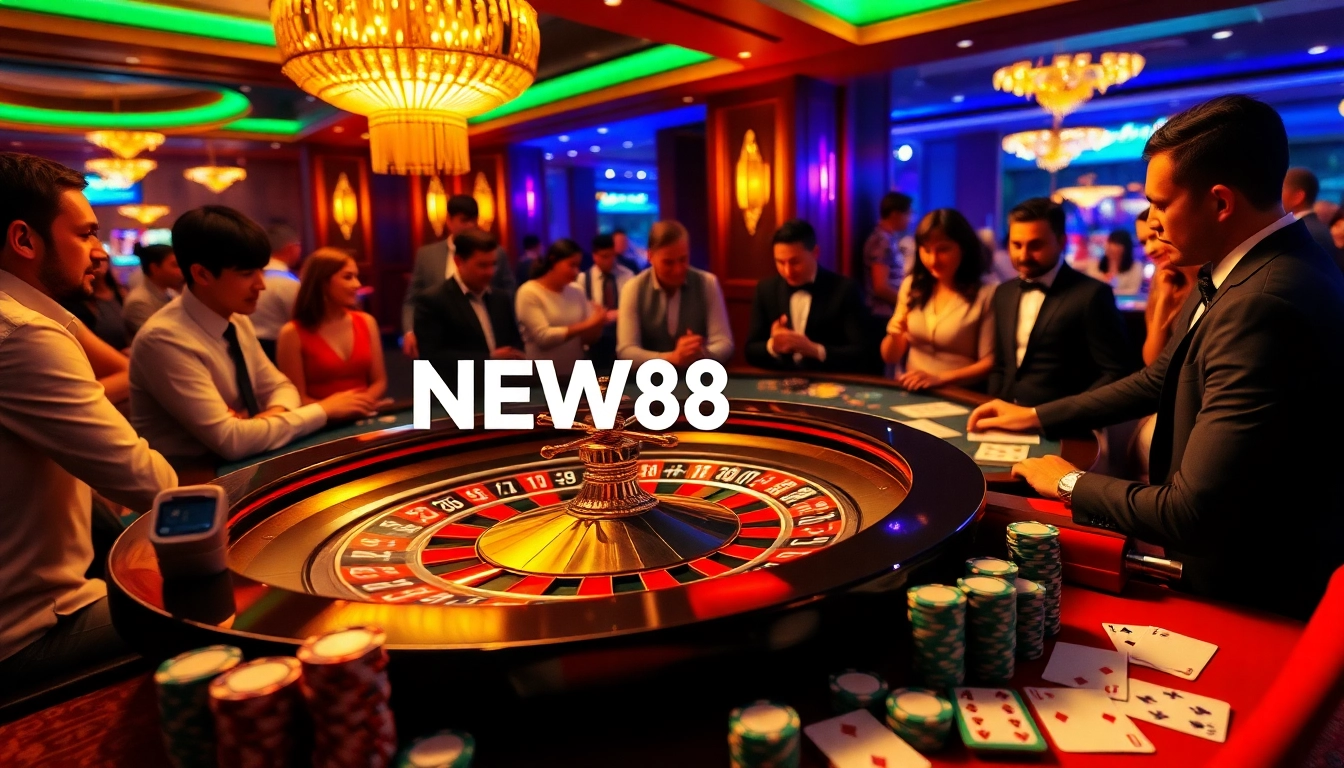 Engage with the thrilling atmosphere at the casino featuring the NEW88 link and a vibrant roulette table.
