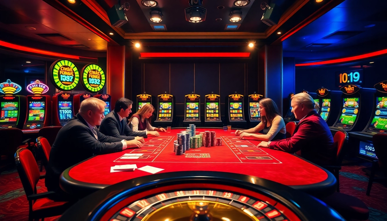 Players enjoying a thrilling poker game at fun79, highlighted by colorful slot machines.