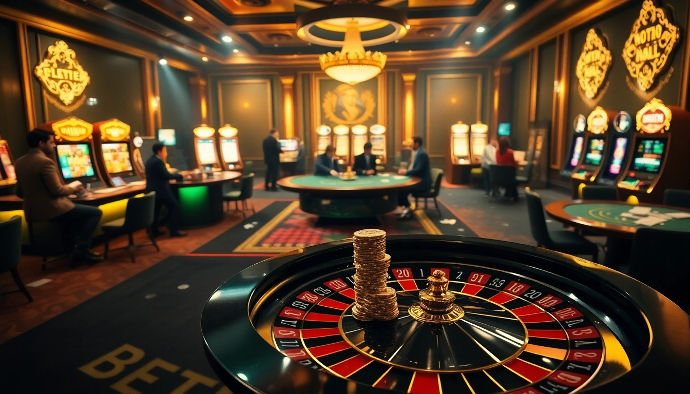 BET88 players enjoying a thrilling casino experience with roulette, poker, and vibrant slot machines.