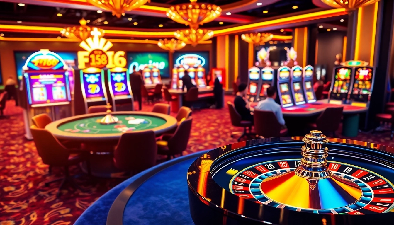 F168 casino players enjoying vibrant games at high-end tables with roulette and slots.