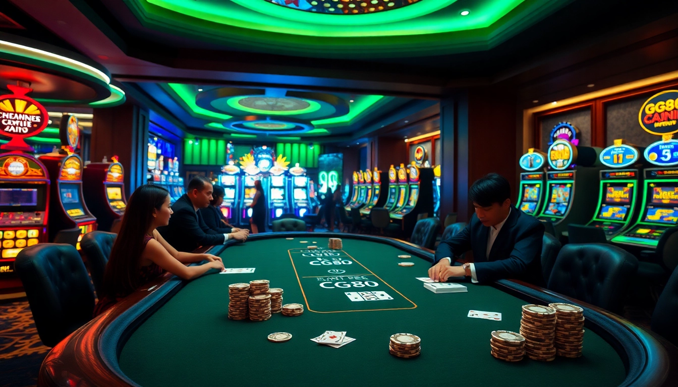 Experience high-stakes gaming at GG88's luxurious casino table with vibrant slot machines.