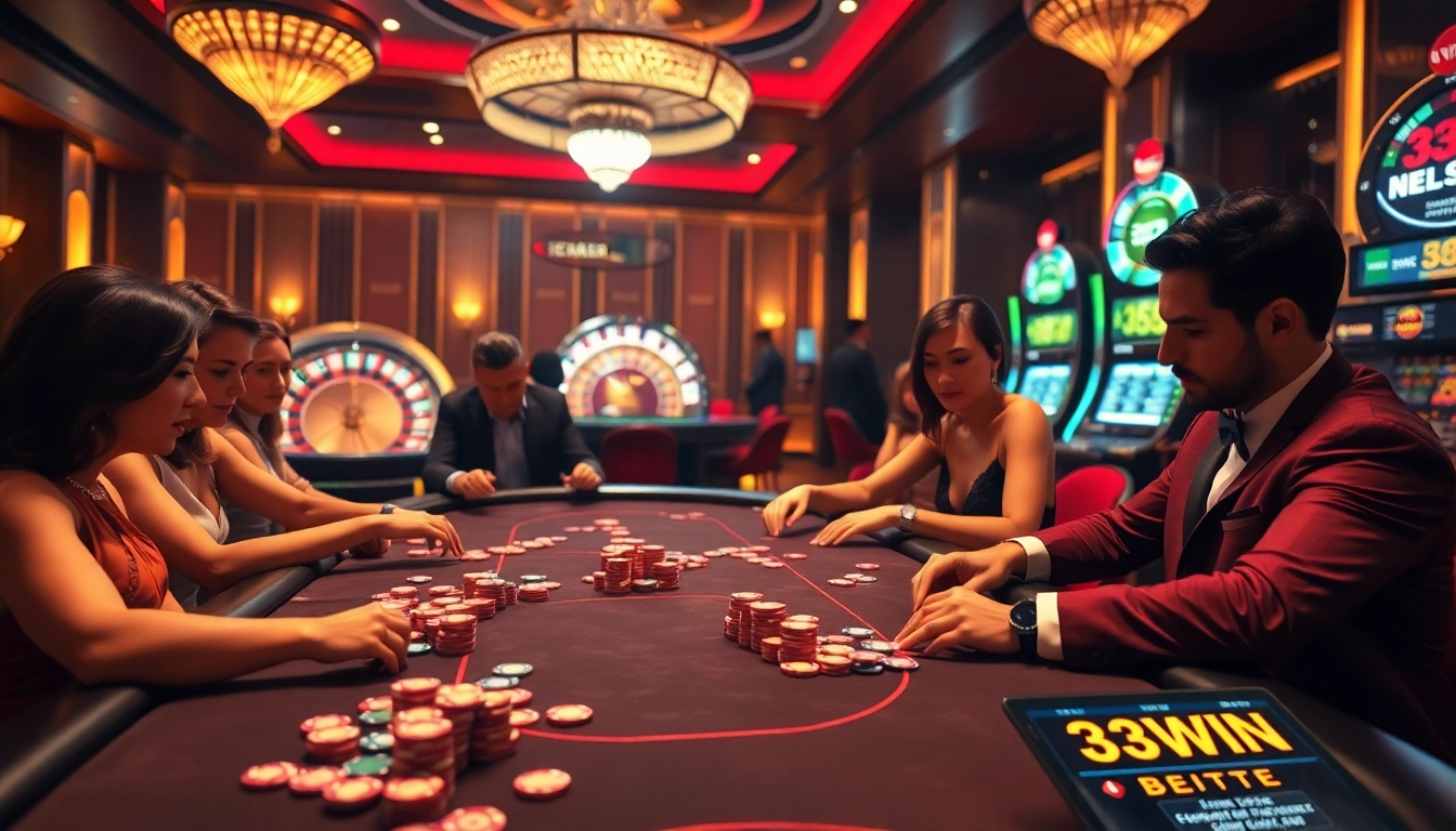 Experience the thrill of 33WIN at a luxurious casino poker table filled with chips and excitement.